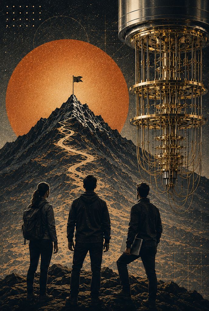 Three founders look up a mountain path toward a summit flag, beside quantum computing hardware.