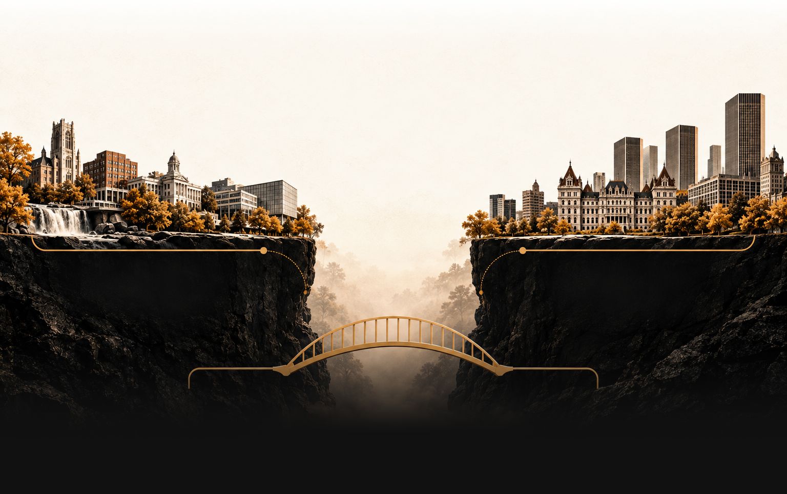 Illustration: two New York skylines on facing cliffs, separated by a fog-filled gap and joined by a gold bridge.