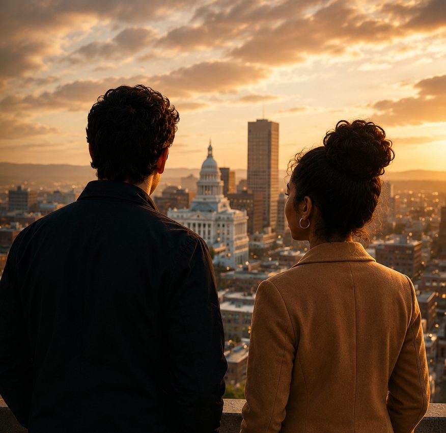 Two founders look out over the Albany skyline at sunset.
