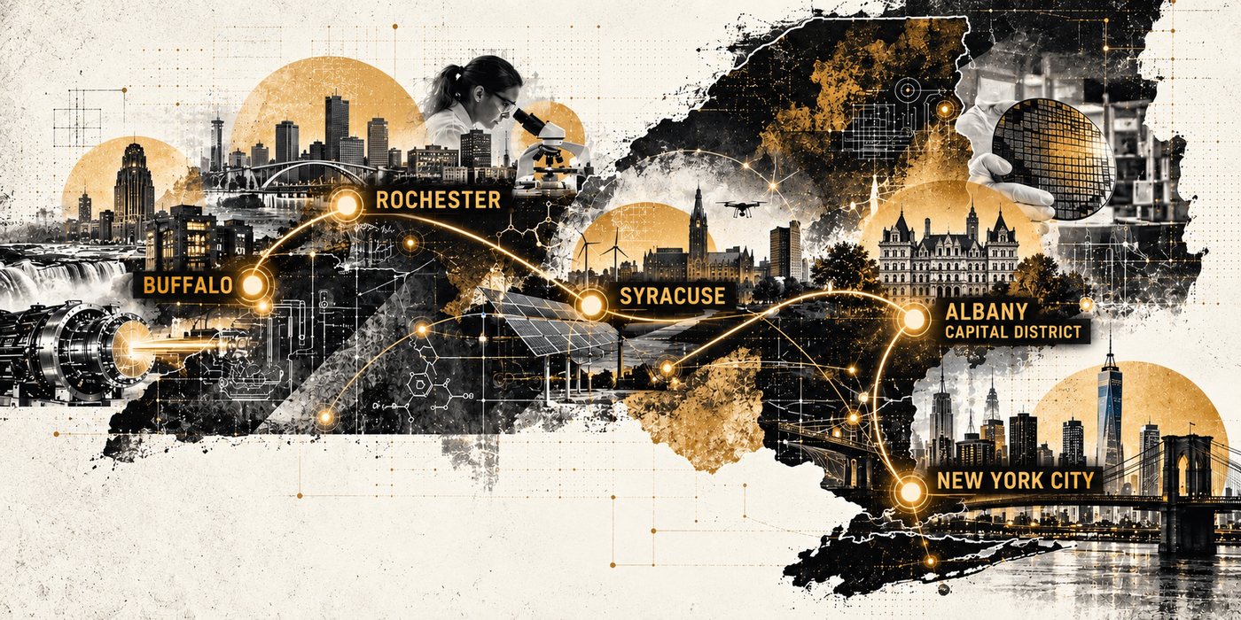 Illustrated map of New York State connecting Buffalo, Rochester, Syracuse, Albany and the Capital District, and New York City.
